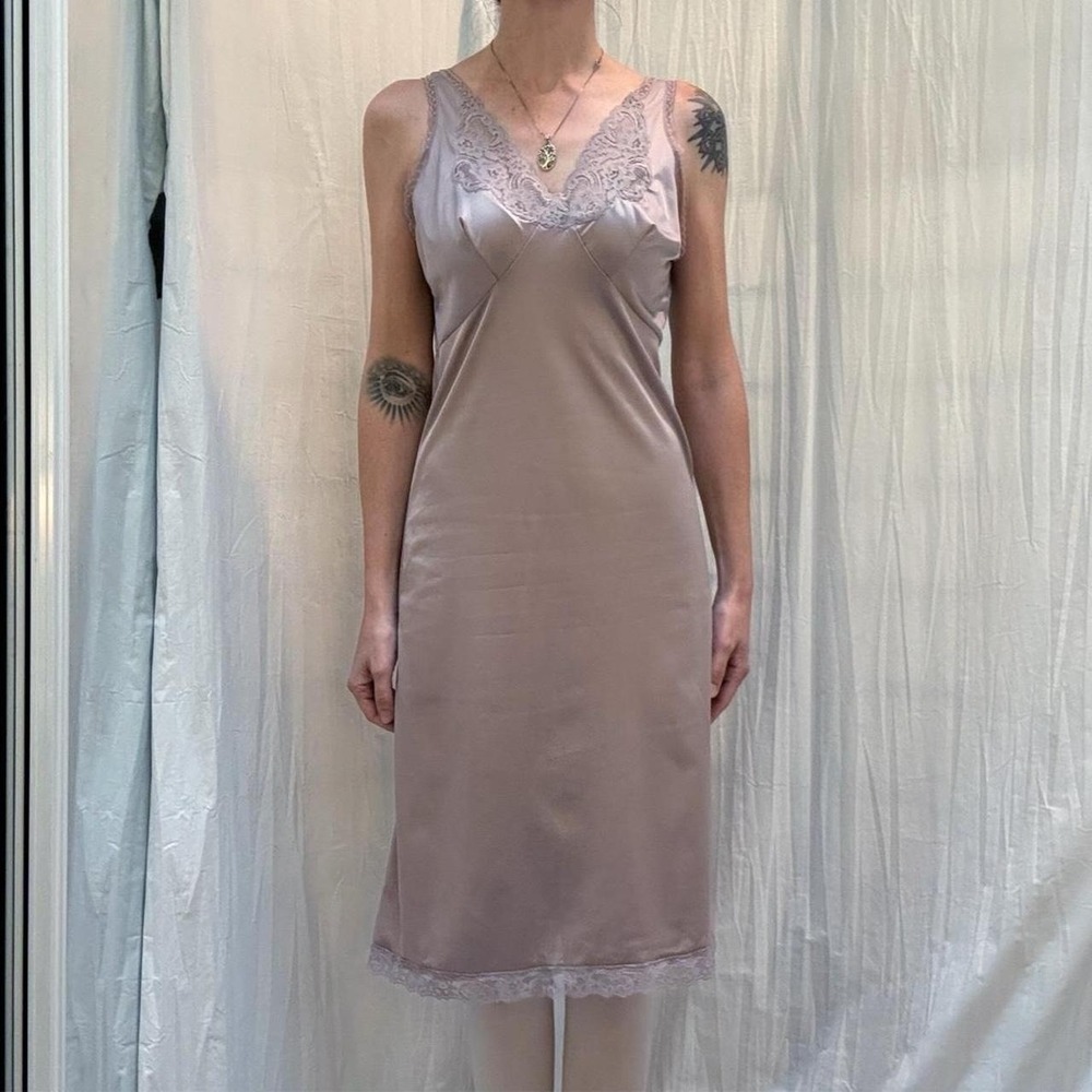 Purple Gray Tan Slip Dress Lace Neckline La Tendresse Small VTG 80s/90s Lingerie